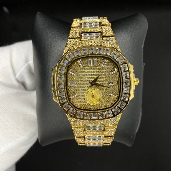 18K Gold Plated Nautilus Design Watch | Men's Iced Out Luxury Baguette Watch | - Picture 2 of 3
